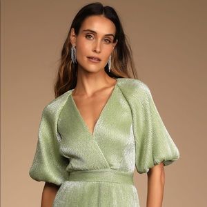 Ethereal Angel Light Green Glitter Puff Sleeve Mini Dress